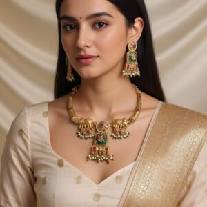 Traditional Antique Gold Matte Elephant Motif Choker Necklace Set
