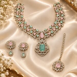 Rajwadi Style Pastel Pink & Mint Green American Diamond Necklace Set