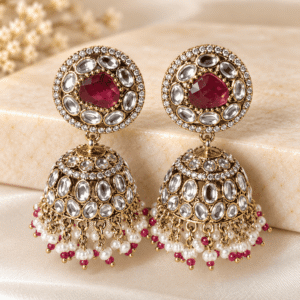 Ruby Kundan-Style Pearl Jhumka Earrings